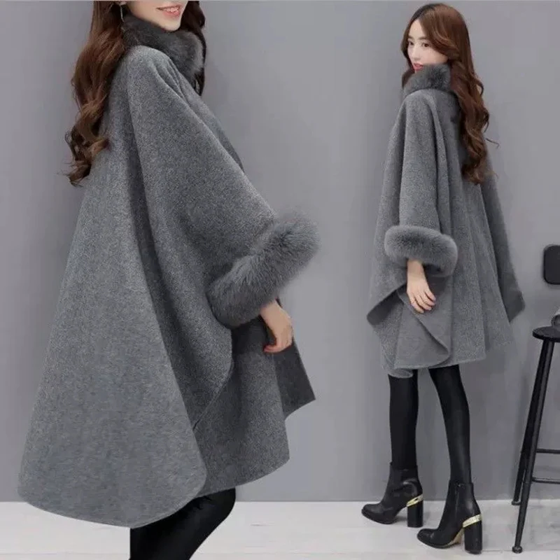 2025 Winter Faux Fur Collar For Women Mid-Length Warm Woolen Coat Chic Vintage Cloak Shawl Wool Streetwear Poncho Outwear Female