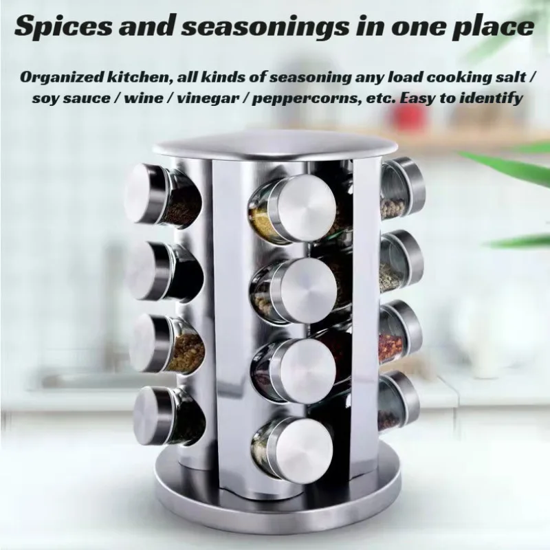 

Rotatable stainless steel spice rack household kitchen spice storage rack