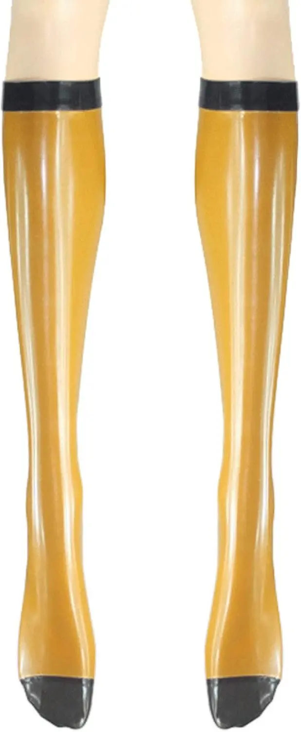

Metallic Golden with Black Trims At Top and Feet Long Rubber Latex Socks Under Knee Length