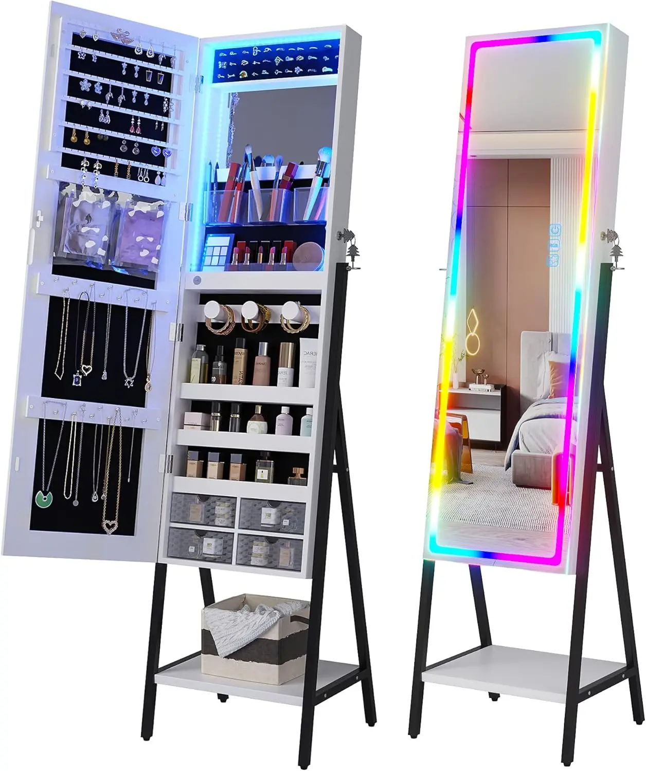 Gabinete de joyería con espejo LED RGB, organizador de gabinete de joyería de pie, espejo de longitud completa con almacenamiento, espejo de joyería con cerradura para W