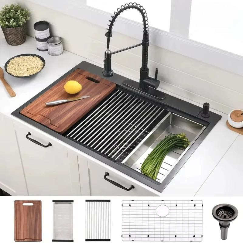 Stainless Steel Single Bowl Kitchen Sink Deck Installation Four Hole Handmade Faucet