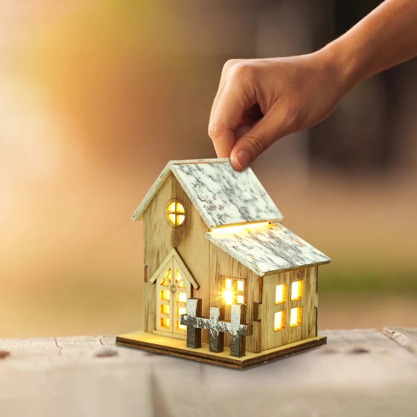 

Xmas Decoration Wooden House Shaped LED Ornament Luminous Pendant Easy to Hang Long Term Use Home Office Bar Ktv Hotel