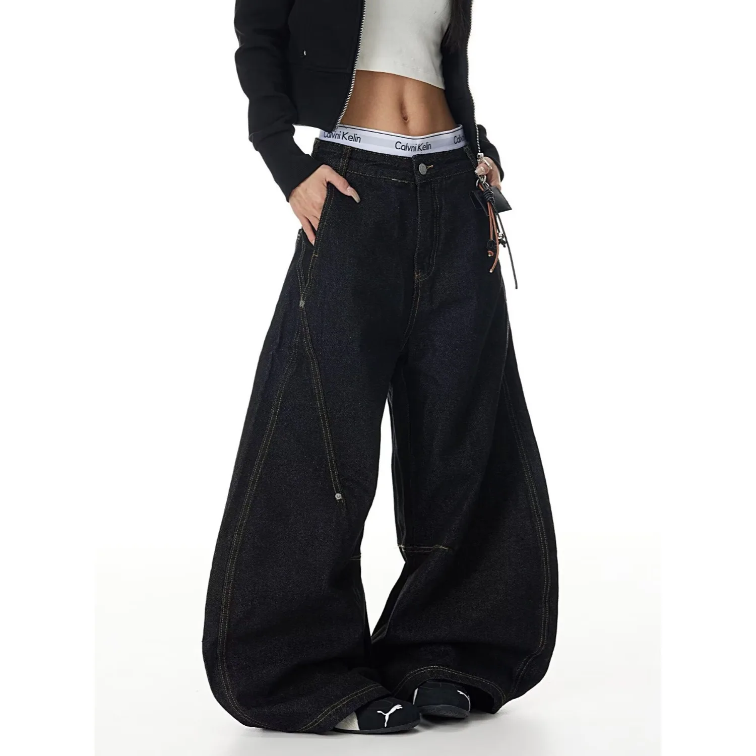 レディース ゴシック ブラック カーゴ デニム ジーンズ Y2K 原宿 ハイウエスト ワイドレッグ パンツ ストリート アメリカン レトロ スタイル ハイファッション