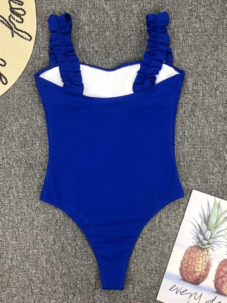 Straped Ruffle Monokini Swimsuit Women One Piece Backless Swimwear Female Solid Bodysuit Padded Bathing Suit Bathers Beachwear