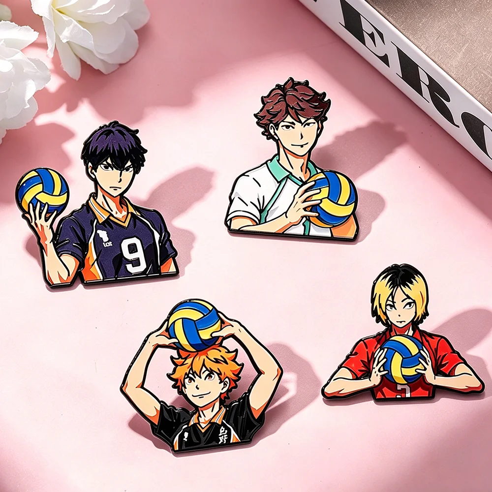 Juego de 4 broches de esmalte con diseño de chico de voleibol de Haikyuu, broches de dibujos animados de anime para mujer, insignias de solapa de moda, regalo para amigos