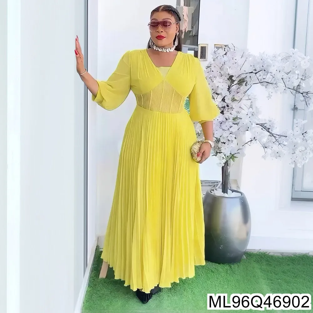 

2025 New African Plus-size Women's Elegant Long Dress, European and American Trend V-neck Pleated Dress ML96Q469