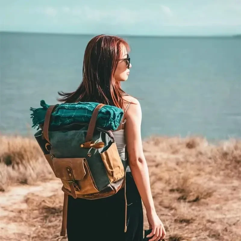 

Vintage hit color batik waterproof canvas with cowhide outdoor travel backpack computer bag large capacity ladies rucksack