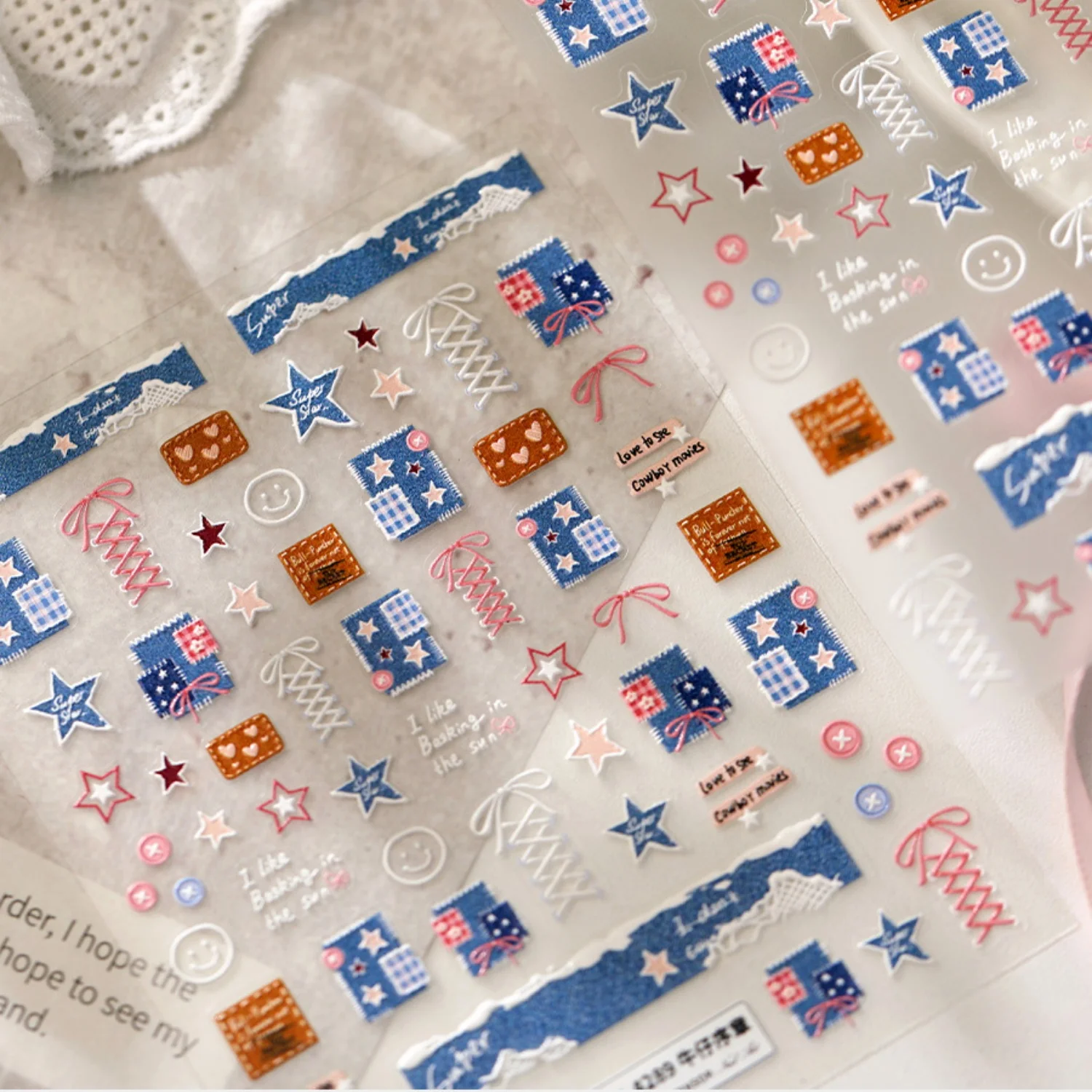 Denim Embroidery Nail Decals 5D Jeans Grid Patch Heart Ribbon Bow Star Grin Cloth Stitch Self Adhesive Nail Stickers Manicure