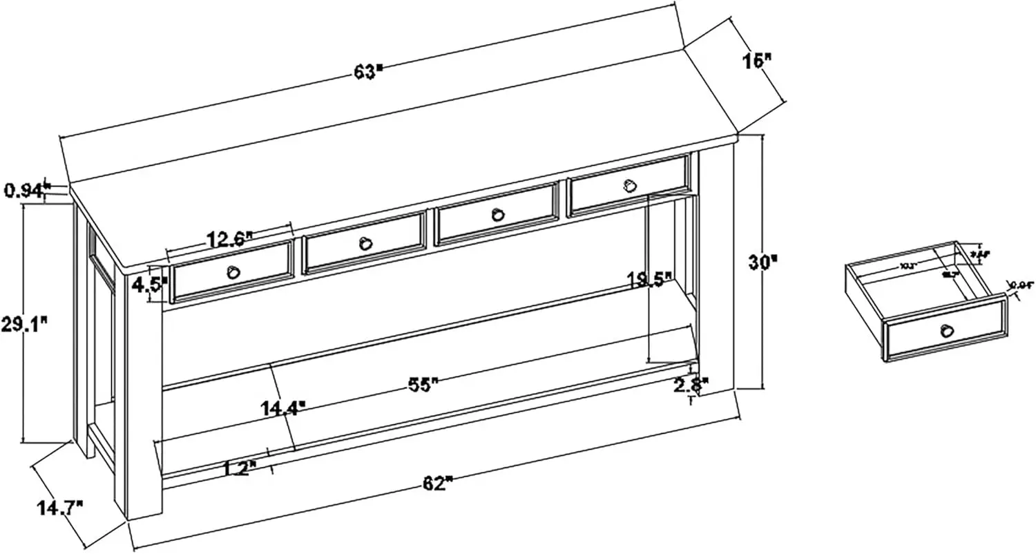 طاولة كونسول خشبية طويلة مع 4 أدراج ، طابقتين ، طاولة مدخل حديثة ، غرفة معيشة ، بهو مطبخ ، 63"
