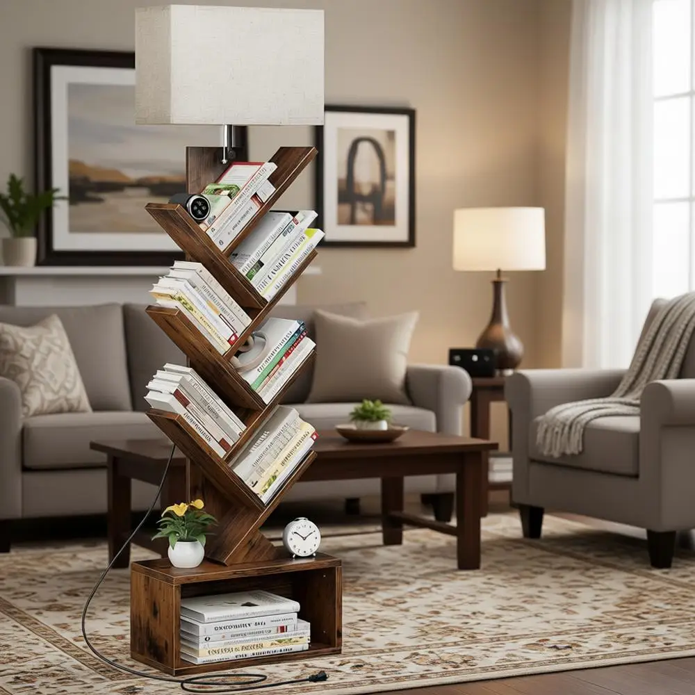 

6-Tier Tall Bookshelf with Light, Narrow Storage Cabinet for Living Room, Bedroom, and Home Office, Rustic Brown