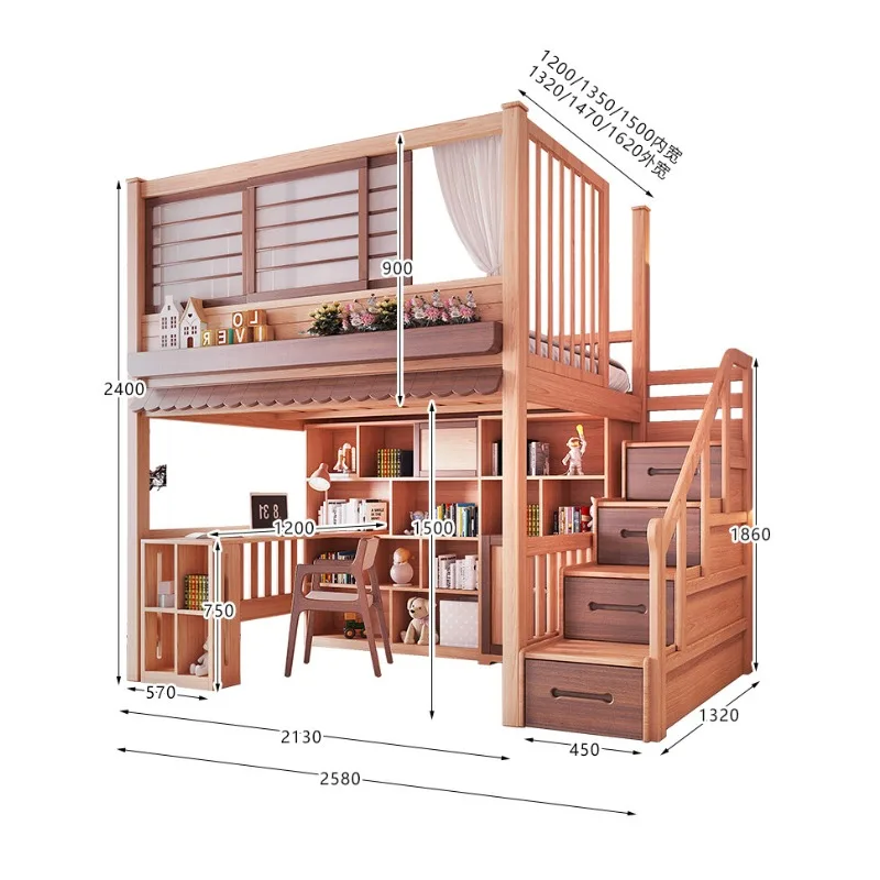 Loft High Bed With Desk Underneath Bookcase Wardrobe Combo For Small Space Kids Adult Bunk Beds Elevated Second Floor Sleeping view 5