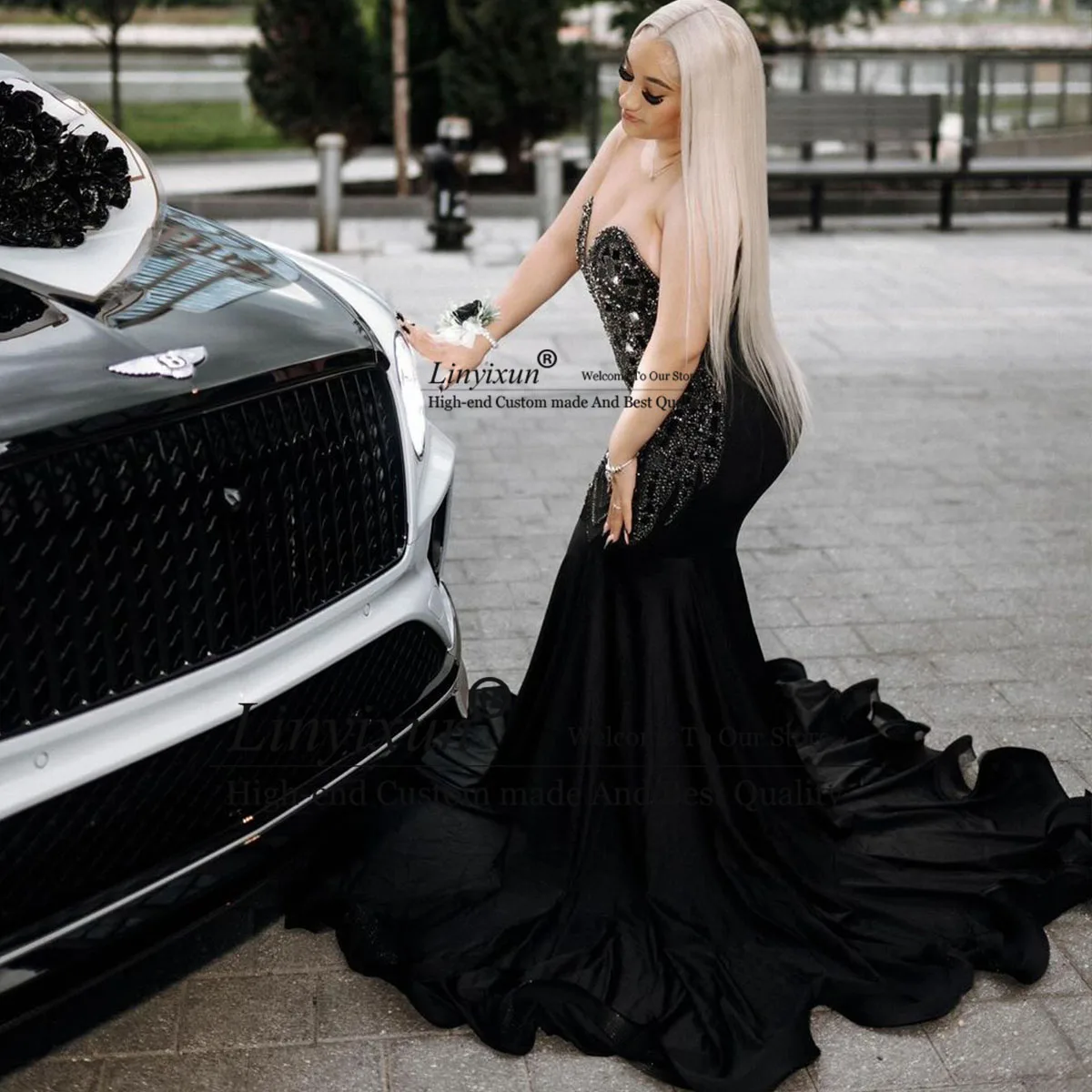 Black 2024 Diamonds Mermaid Prom Gowns For Black Girls Strapless Rhinestones Evening Party Gown Formal Crystal robe chic soirée