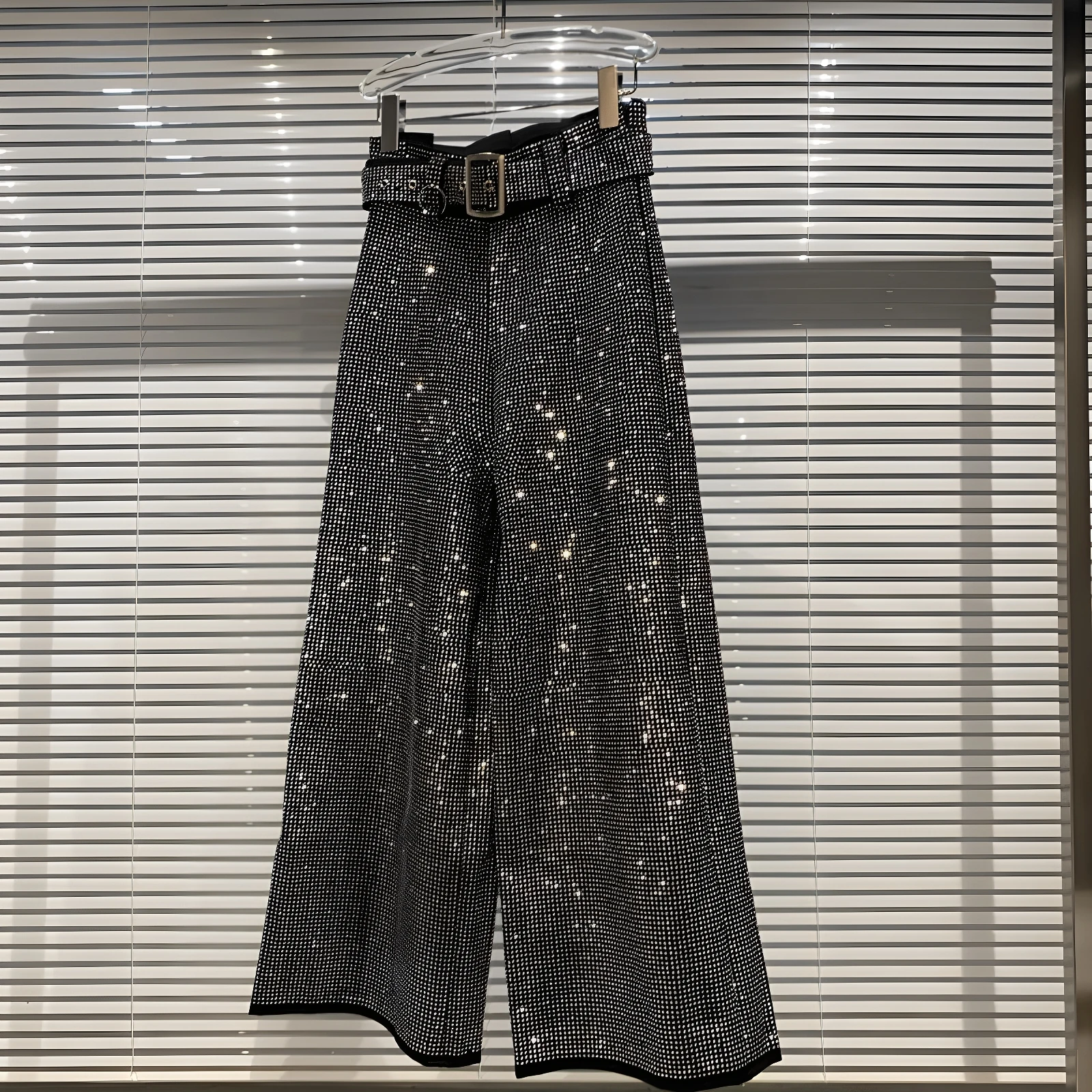 Shiny Sequin Embellished Heavy Belt Design Wide Leg Pants Fashion Trousers Women's Trendy Casual Pants Luxury Style Spring 2026