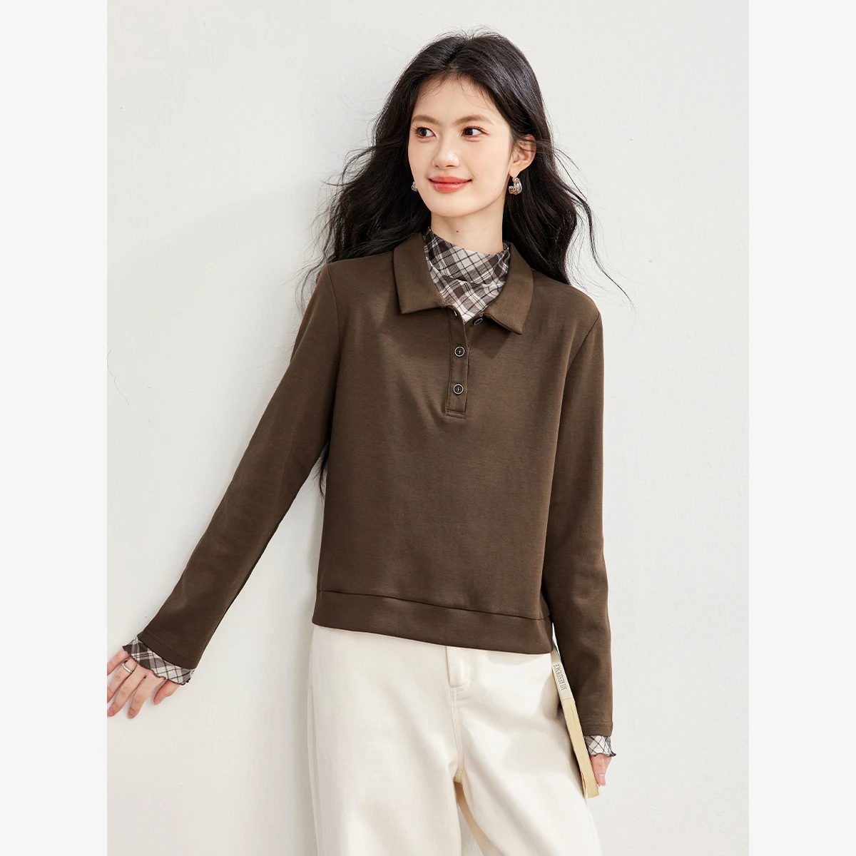 VIMLY Women's T‑shirt Brown Vintage Plaid Fake‑two‑piece Long‑sleeve Tees 2026 Autumn New Mu‑lad Style Casual Female Top 31367