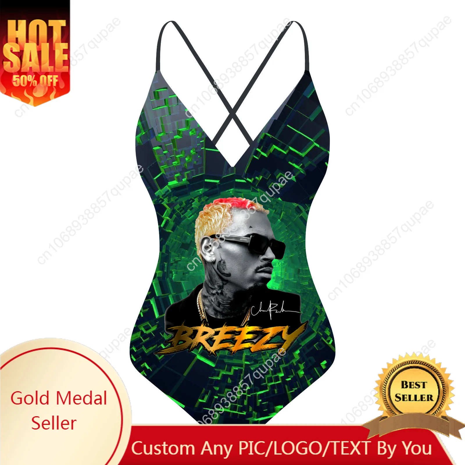 

Chris Brown Rapper Custom V-neck Halter Back Swimsuit Womens Bathing Suits Bikini Pool Party Beach Sexy Swimwear Beachwear