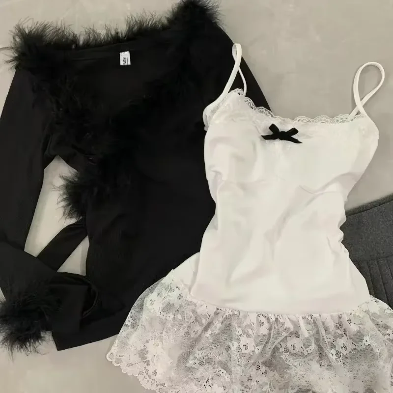 Autumn Winter 2000s American Sexy Spice Woemn Clothing Vintage V Neck Tops + Slim Lace Vest + Pleated Mini Skirt 3 Piece Sets