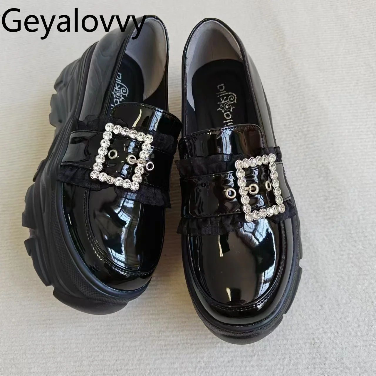 

Japanese Mine-based Patent Leather Lace Rhinestone Buckle Versatile Spring Autumn Women's Shoes Thick-soled Heightening Loafers