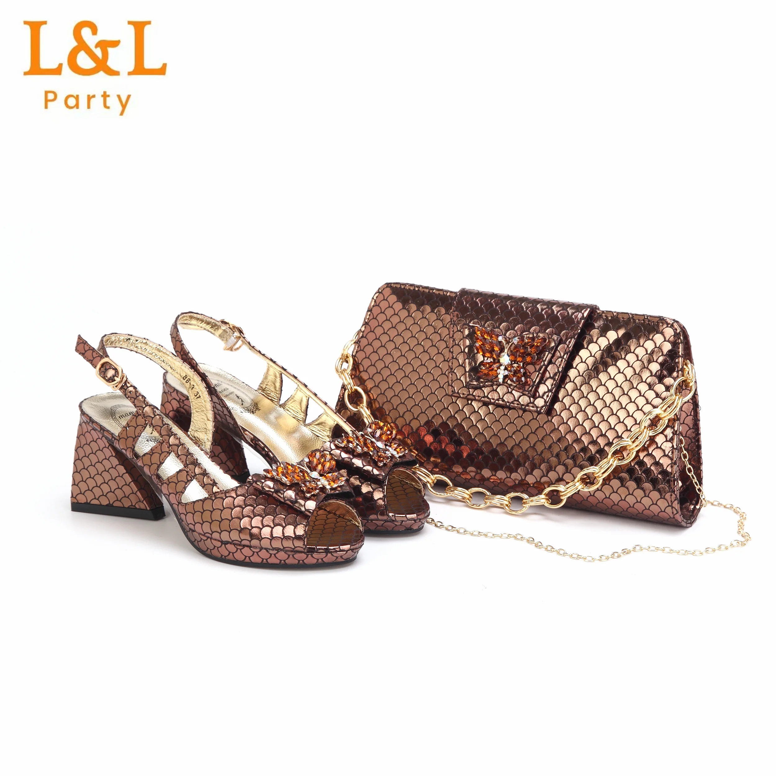 Special  Peep Toe Hollow Fishscale Design Ladies Shoes Matching Bag Set in Coffee For Women Wedding Party