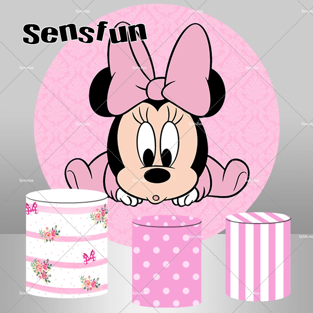 Minnie Round Backdrop Cover for Baby Shower, Pink Cover for Girls, 1st Birthday Party, Circle Background, Cake Table Pedestal