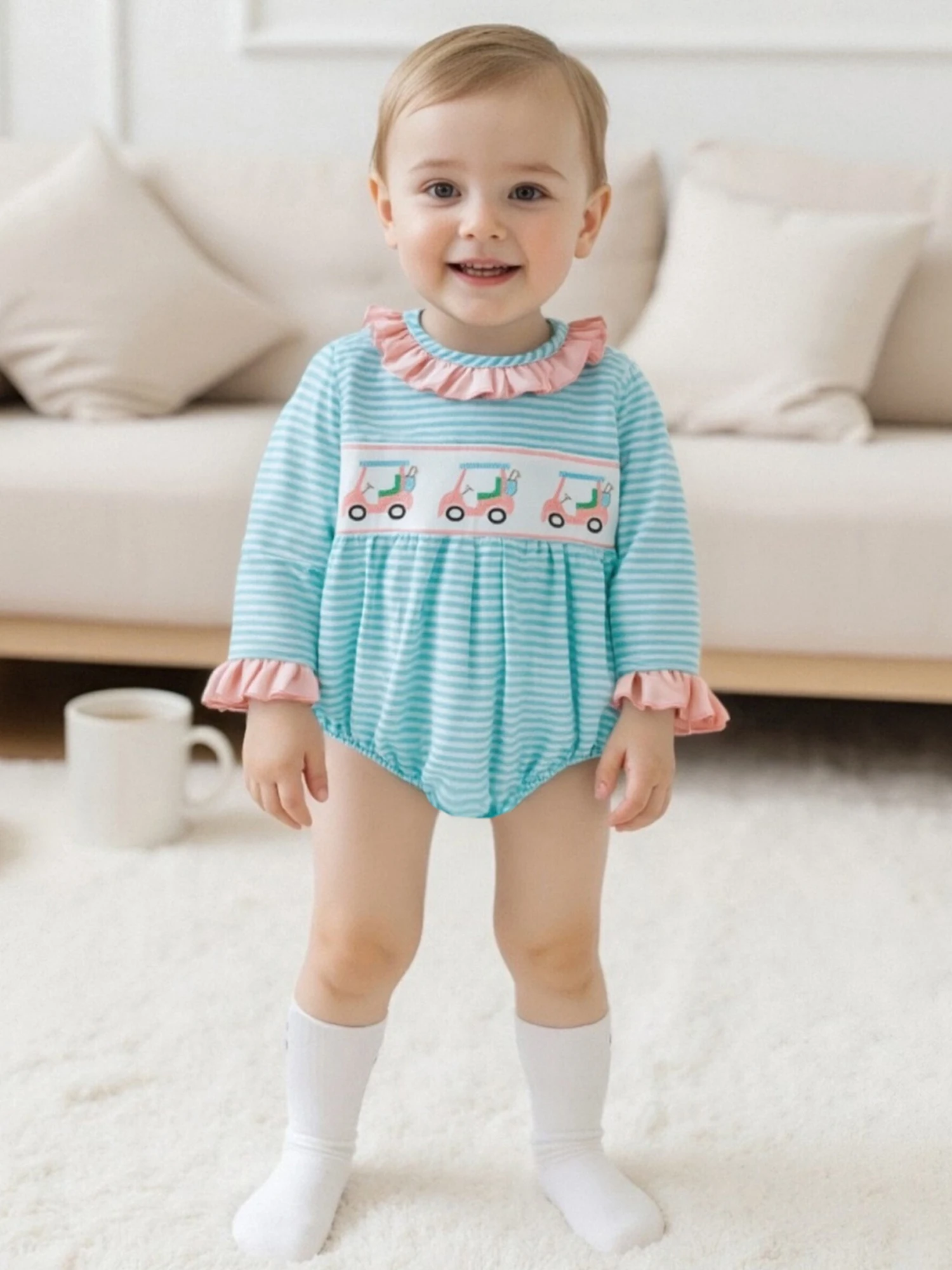 

Infant Girl Autumn Jumpsuit with Cute Elephant Applique Long Sleeve Striped Newborn Romper Outfit