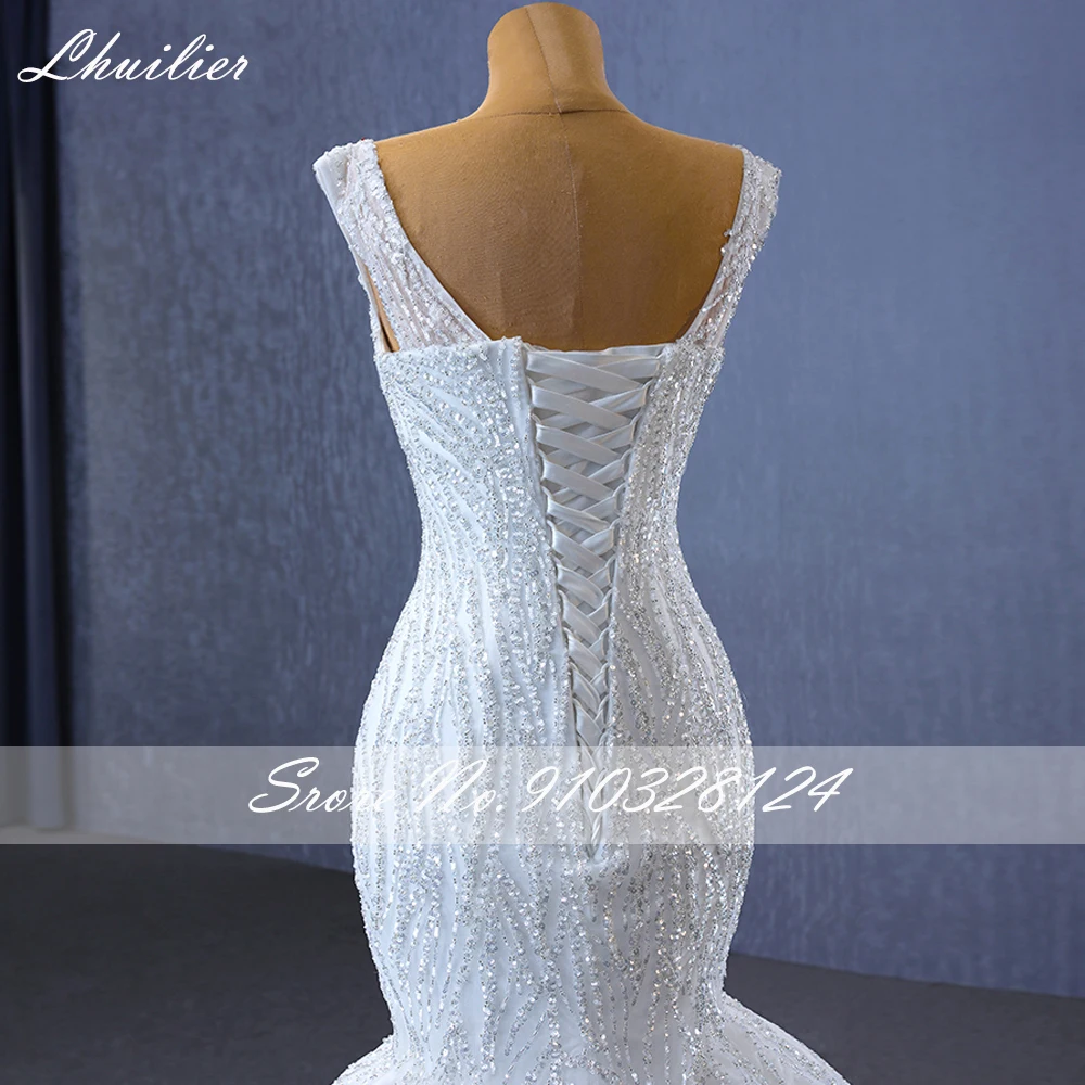 Lhuilier personalizado querida decote sereia vestidos de casamento de renda sem mangas cristal frisado vestido de noiva com trem tribunal