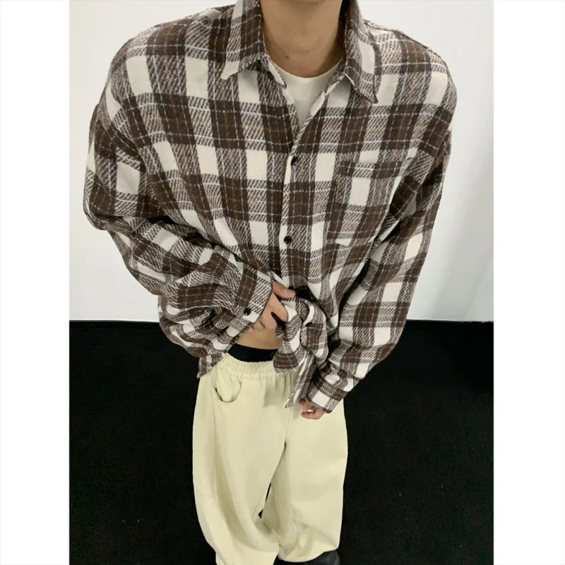 

Мужская рубашка с длинным рукавом, оверсайз, модная, в стиле ретро, повседневная, уличная, корейская, свободная, в клетку, большие размеры до 4XL
