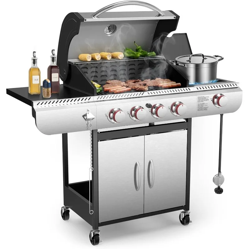 

4-Burner Gas BBQ Grill with Side Burner, Porcelain-Enameled Cast Iron Grates,42,000 BTU for Outdoor Cooking and Patio Barbecues