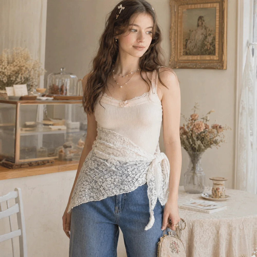 Lace Up Triangle Hip Scarf White Lace Trim Tulle Crochet Short Skirt Wrap Sweet Layered Design Embroidery Waist Belt Festival