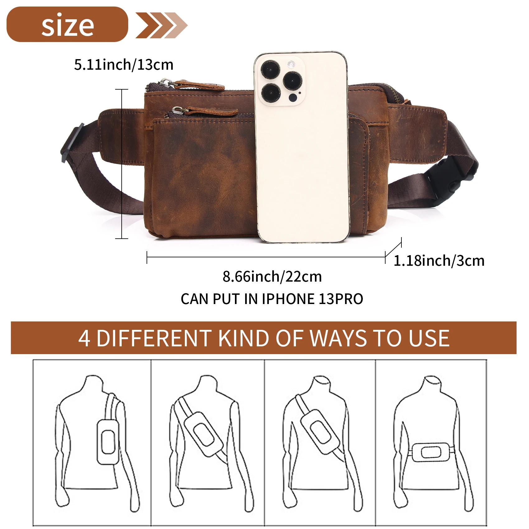Genuine Leather Waist Pack Fanny Bag for Men Women Running Hiking Hip Bum Belt Slim Cell Phone Purse Casual Waist Wallet Pouch