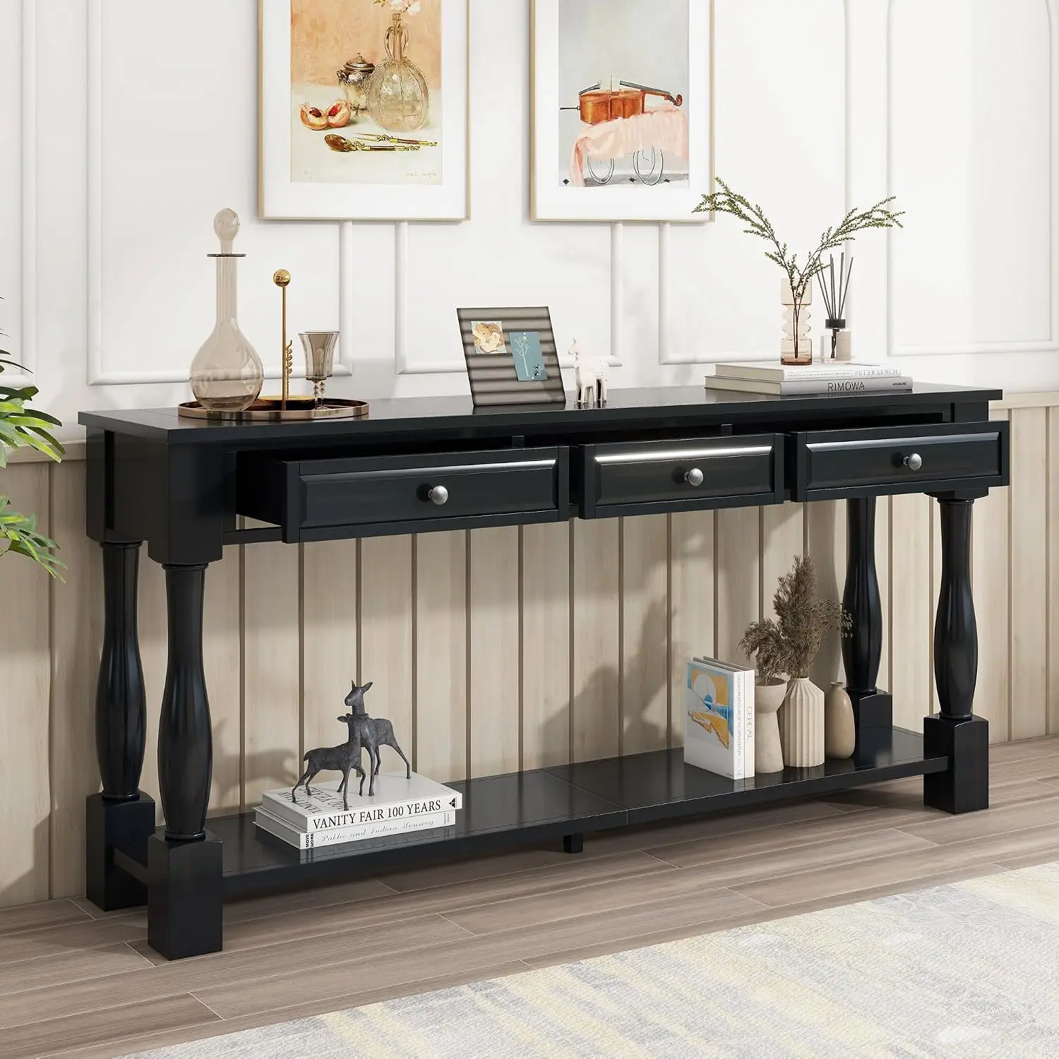 Wood Farmhouse Console Table with Drawers & Bottom Shelf Narrow Long Sideboard for Entryway Living Room Espresso, Customized