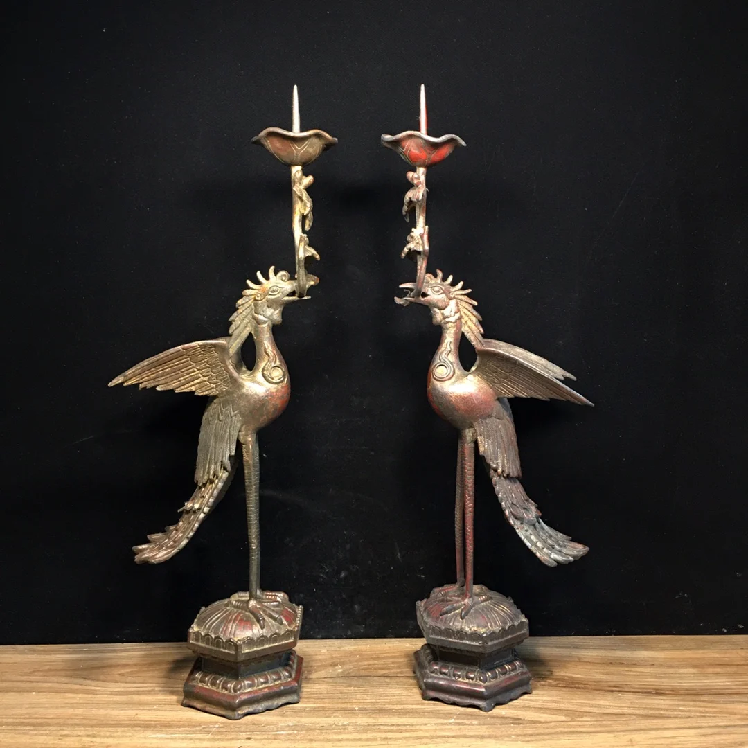 Statue A pair of pure copper peacock wax platforms Length 13CM, width 11cm, height 45cm, weight 2725g