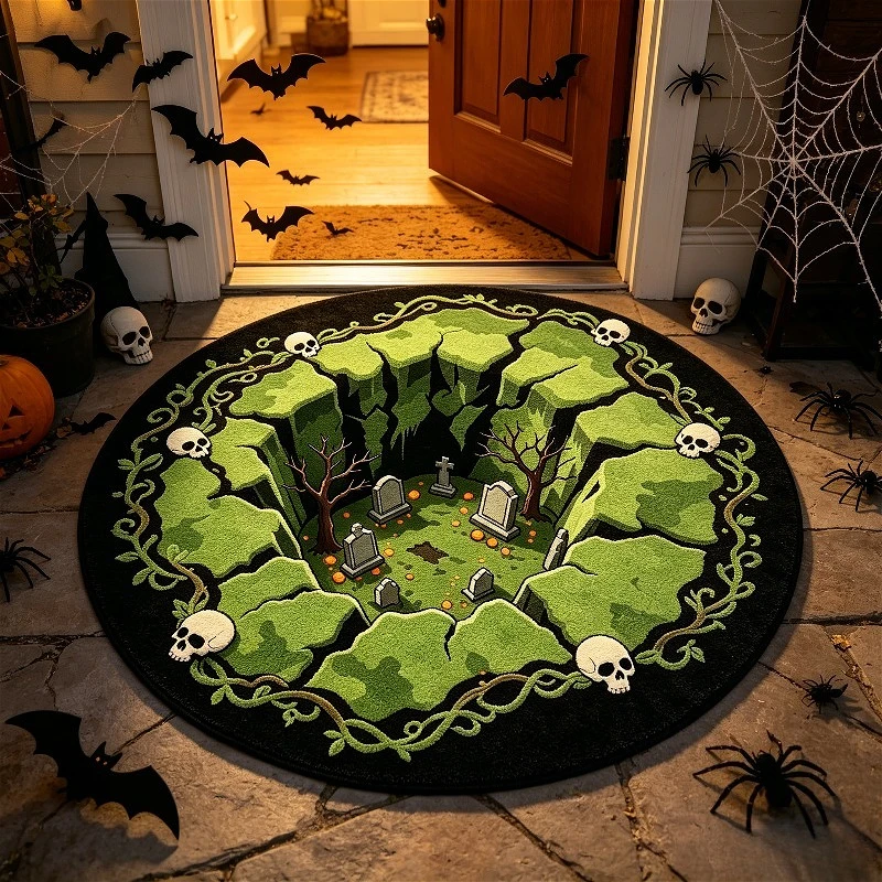 Halloween 3D Graveyard Tombstone Round Rug Realistic Mossy Cemetery Optical Illusion Area Carpet for Spooky Room Decor
