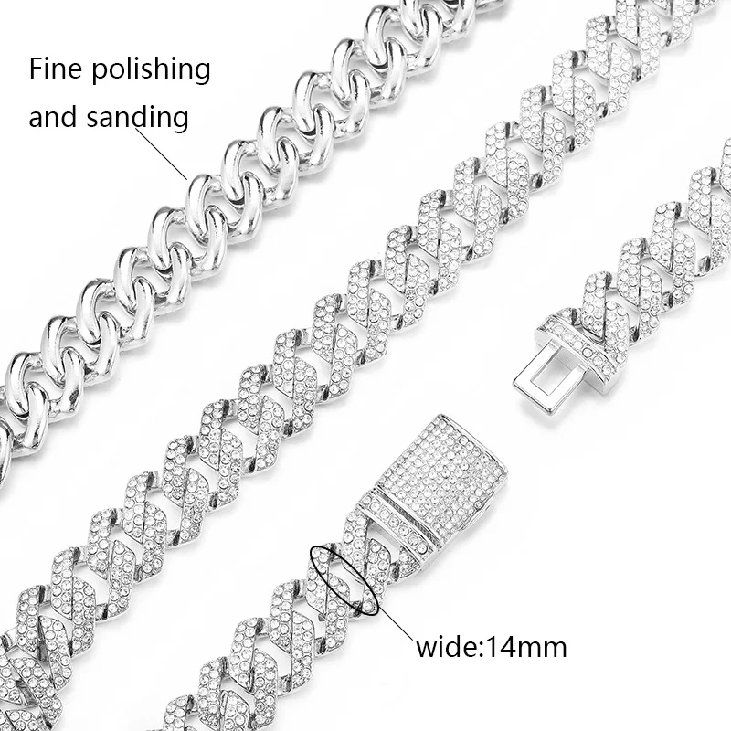 14MM Rhombus Prong Cuban Link Chain 2Row Iced Out Rhinestones Rapper Necklaces Bracelet For Men Women Choker Jewelry