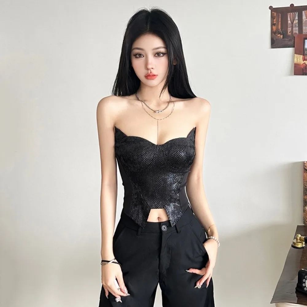 SylCue Irregular Patchwork Strapless Tops Women Summer Trend Off Shoulder Navel Exposed Sexy Fashion Versatile Style Outfits