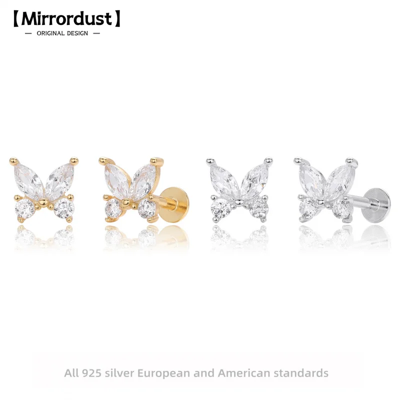 

【Mirrordust】S925 Sterling Silver Бабочка Циркон Винт Серьги-гвоздики Нишевые серьги-гвоздики для носа Универсальные серьги для женщин