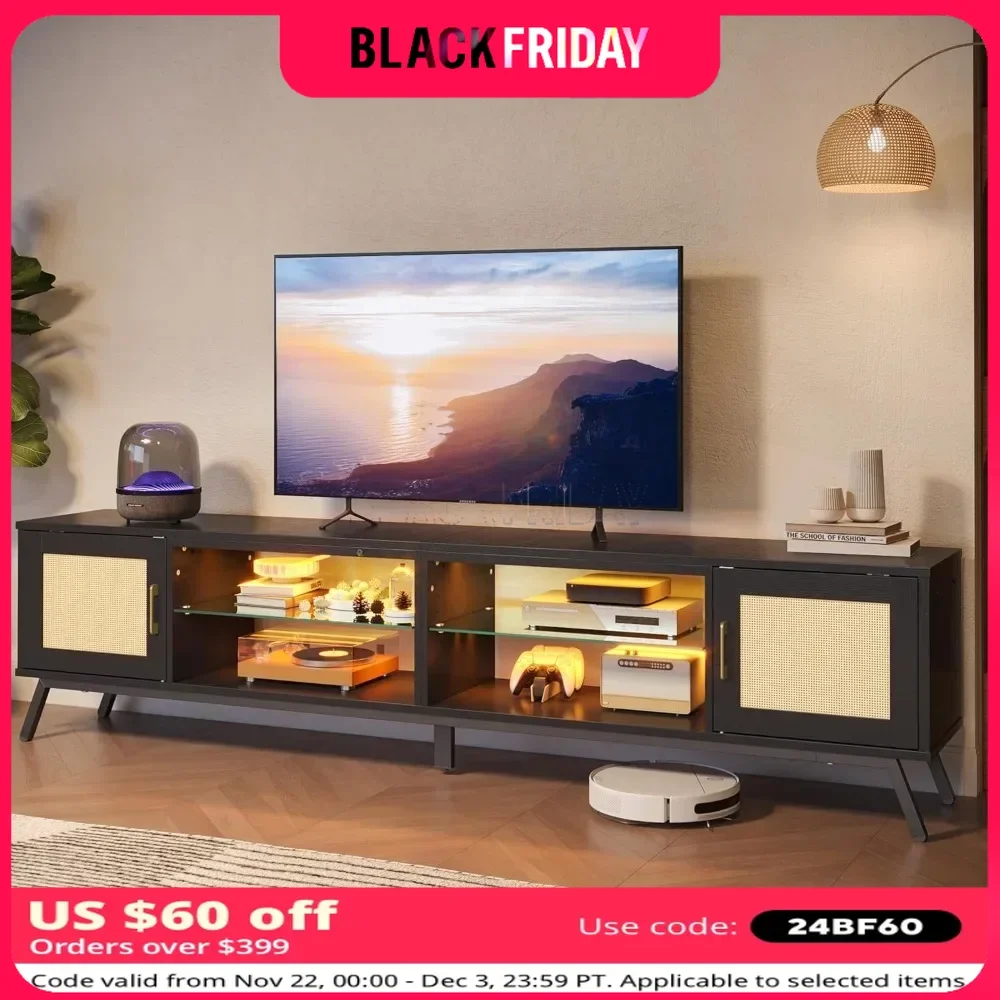 80 in TV Stand with Storage & LED Lightsfor 85 Inch TV, Doors and Adjustable Glass Shelves, 4-in-1 Mid Century Modern TV Center