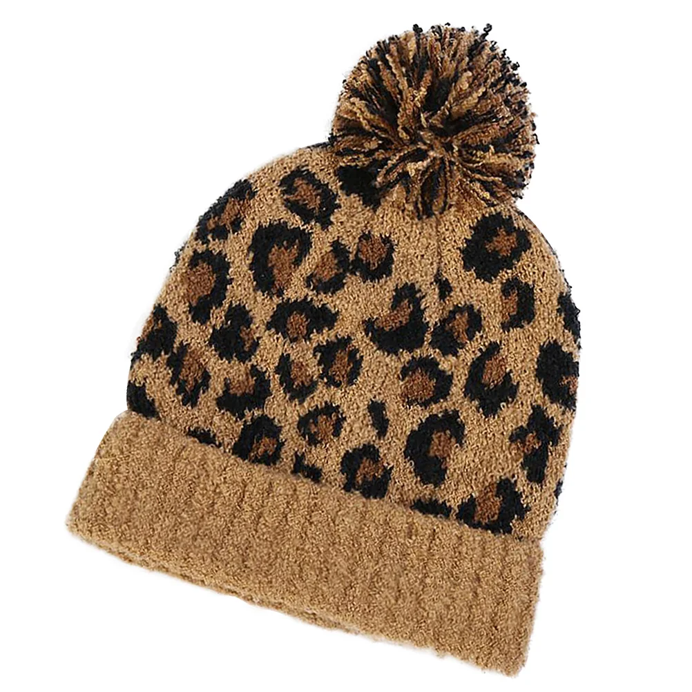 Leopard Print Beanie Fur Hat Knitted Warm Cap Thickening Woolen Women Child