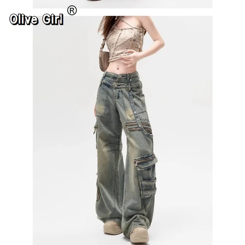 Olivegirl Denim Jeans American Retro Rivet Workwear Pant Women's Trousers Punk Hipjop Loose High Waisted Straight Wide Leg Pants