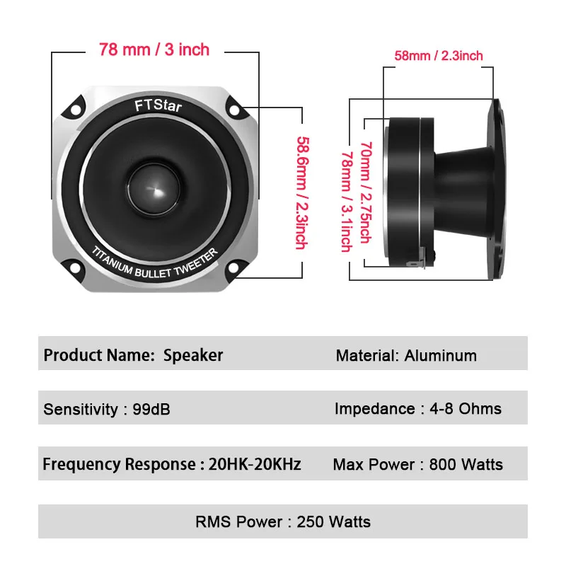 3 inch Car Speakers 800W Auto Door Audio Subwoofer High Quality Full Range Frequency Speaker Titanium Bullet Tweeter