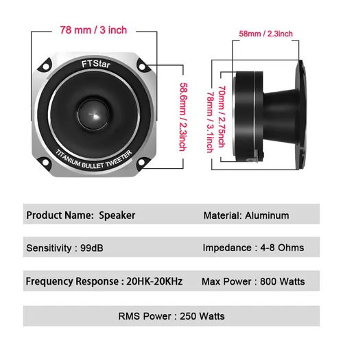 Imagen 2 del producto Altavoces de coche de 3 pulgadas, Subwoofer de Audio para puerta automática de 800W, altavoz de frecuencia de rango completo de alta calidad, Tweeter tipo bala de titanio