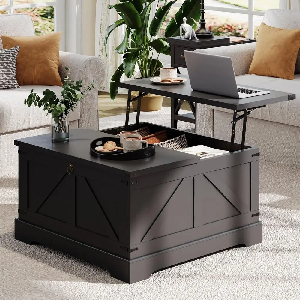 

Rustic Square Coffee Table with Hidden Storage, Illuminated Top, and Lip Edge for Living Room, Black