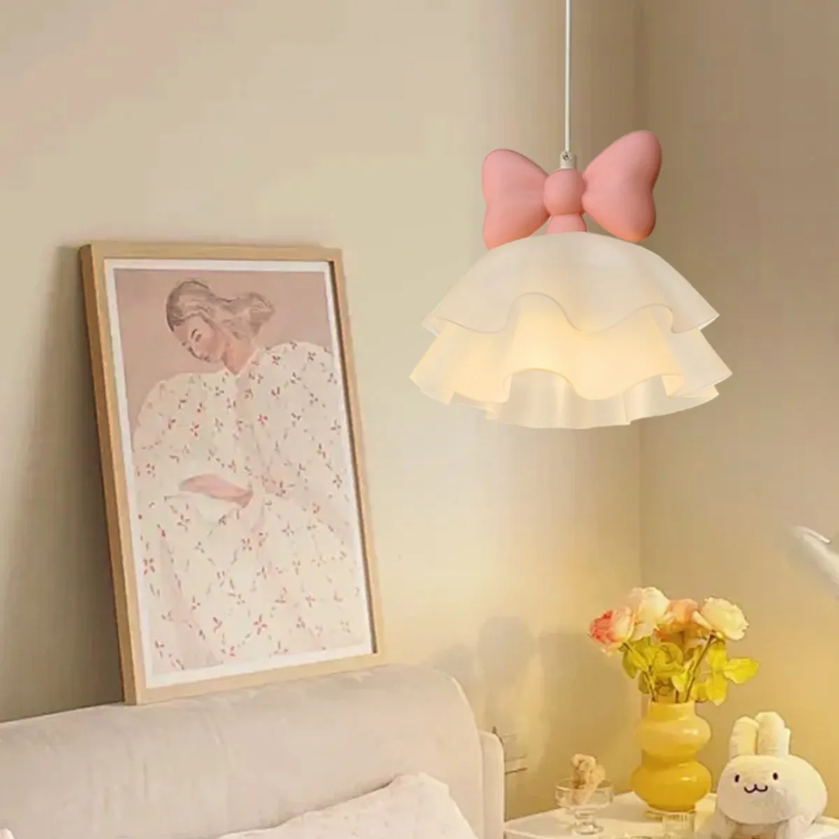 French Cream Pink Princess Room LED Pendant Lights Pleated Skirt Acrylic Sconces Children's Room Bedroom Bedside Hanging Lamp