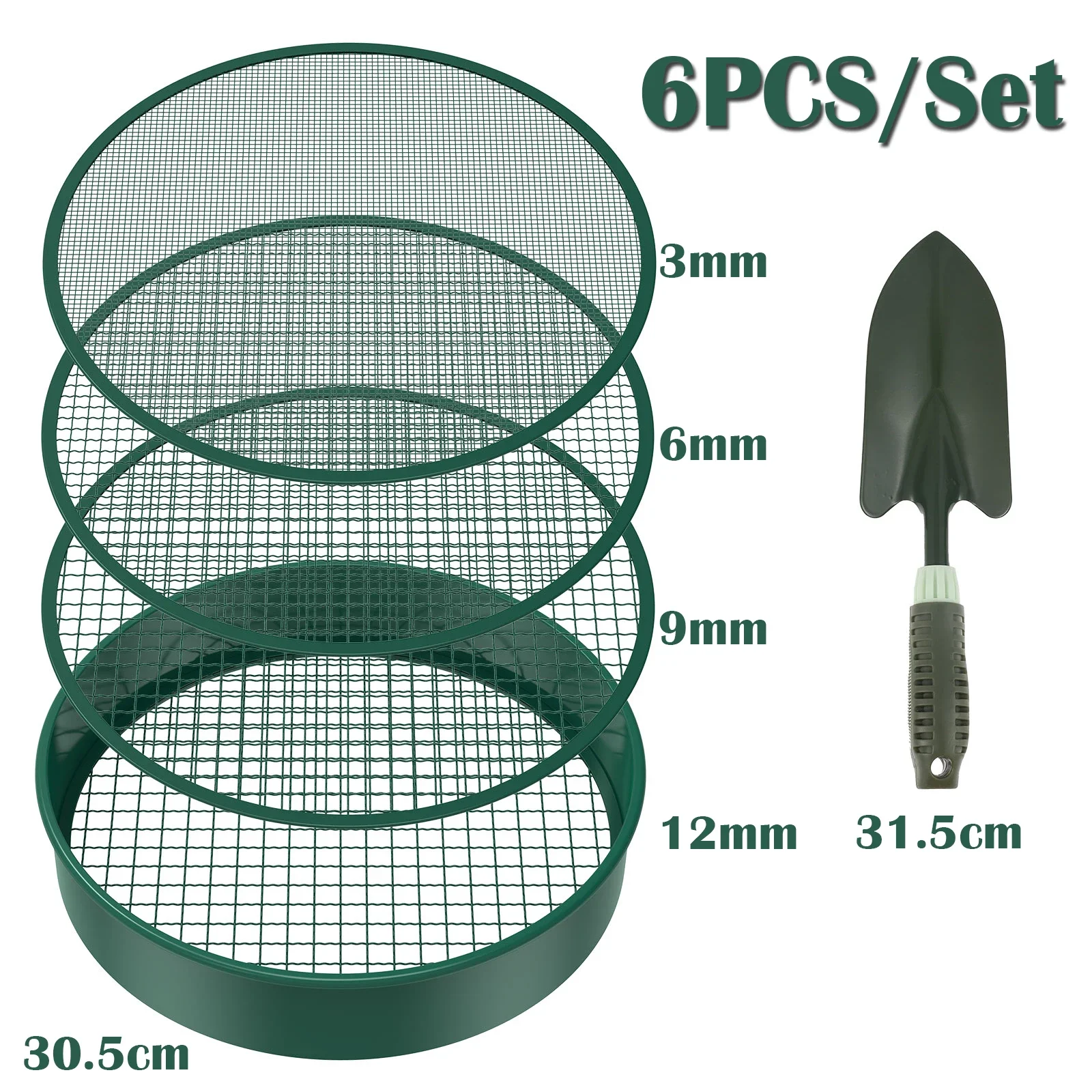 

6PCS/Set 11.8" Fine Mesh Soil Sifter Compost Sifter with 4 Interchangeable Filter Mesh Sizes 3/6/9/12mm and Shovel for Gardening