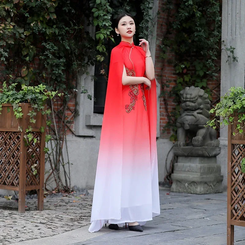 Cheongsam Chinese dress qipao Oriental costume Cape Vintage women ombre long Tang suit Vietnam traditional dress 10300