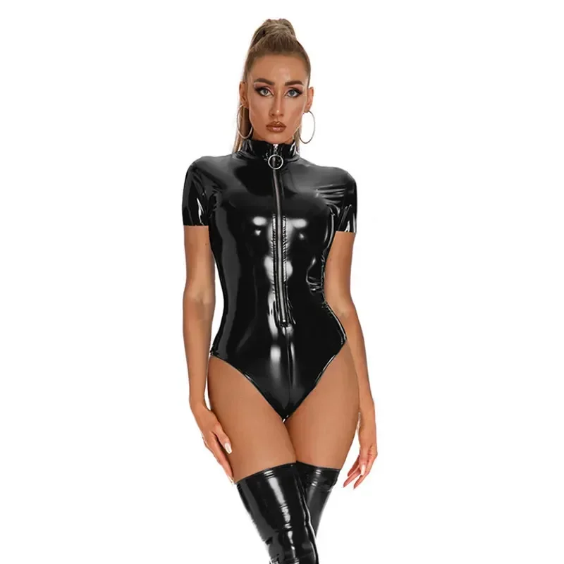 Women Shiny Faux Leather Bodysuit Front Zipper Bodycon Jumpsuit Women Erotic Sexy PVC Latex Bodysuit Faux Leather Catsuit