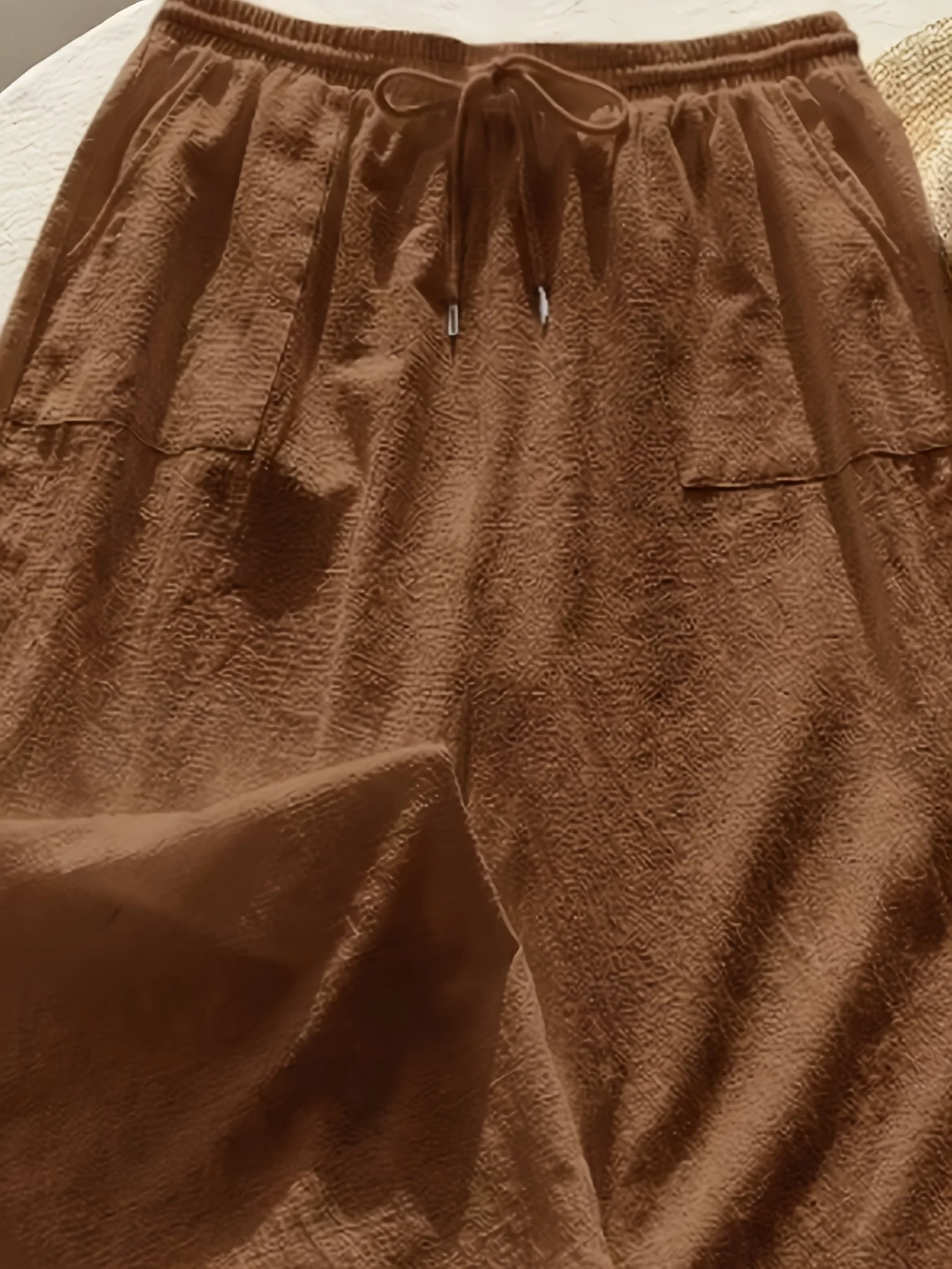 

Women's Plus Size Brown Linen Pants, High Waist Drawstring Wide Leg Lounge Trousers with Pockets