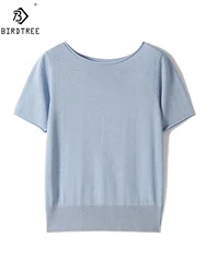 Birdtree, Mulberry Silk Blended Elegant Knit T-Shirt, Women Short Sleeve Solid, Soft Commute OL Top, 2024 Summer Tees T45330QM