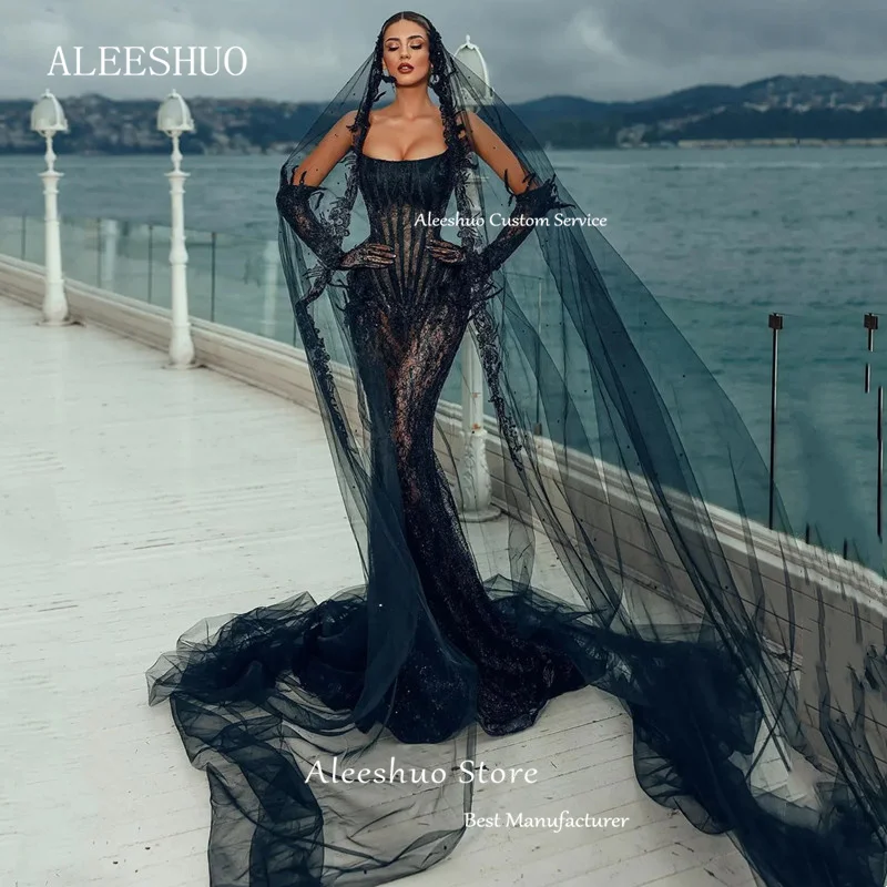 Aleeshuo-vestido de noche de sirena sin tirantes, Sexy, de tul negro, brillo, ilusión de lentejuelas, encaje, sin mangas, personalizado