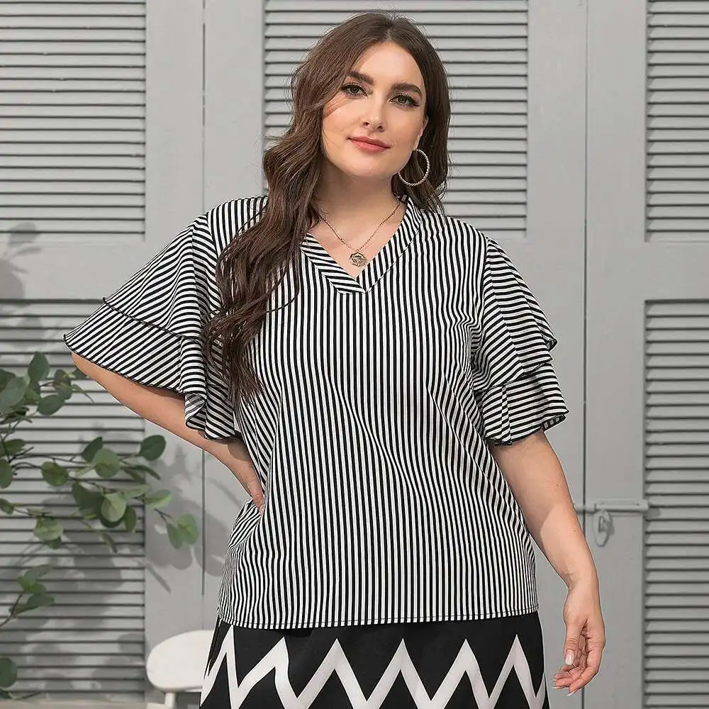 

2024 Spring and Autumn New Large Women's Fashion V-neck Ruffle Sleeve Holiday Stripe T-shirt Top JR078