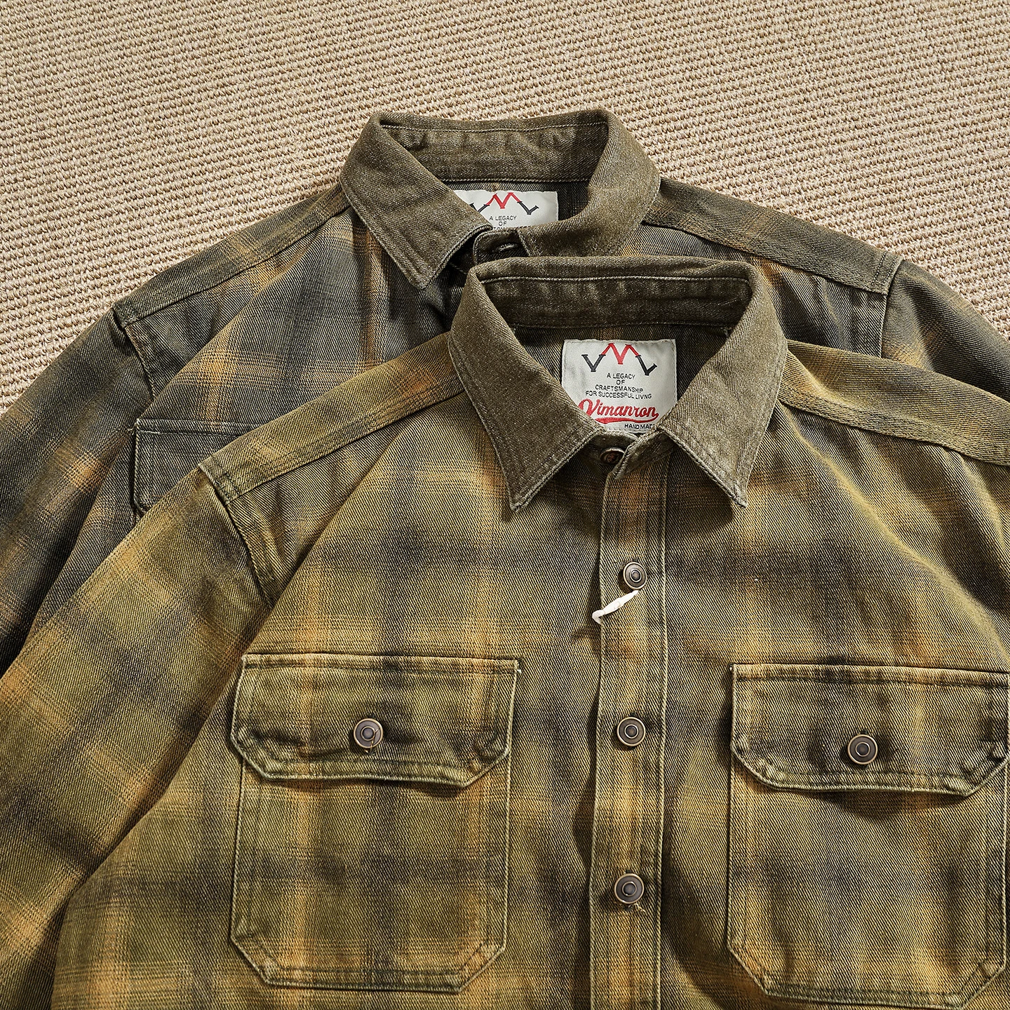American Style Heavyweight Thick Plaid Workwear Shirt Men's Washed Vintage Denim Loose Coat Trendy Turn-down Collar Long Sleeve